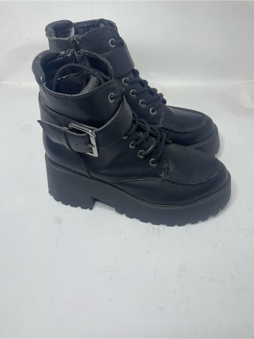 Soda Black Lace-Up Platform Combat Boots with Buckle